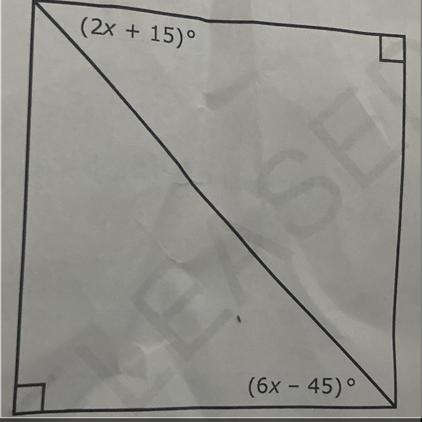 A square is drawn below. What is the value of x? (2x + 15)° (6x-45°) .-example-1