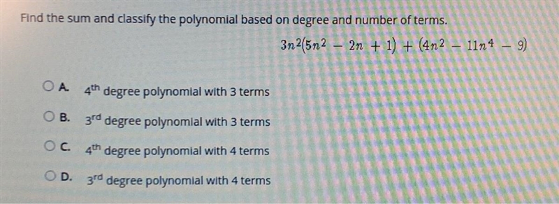 Find the sum and classify the polynomial based on degree and number of terms.-example-1