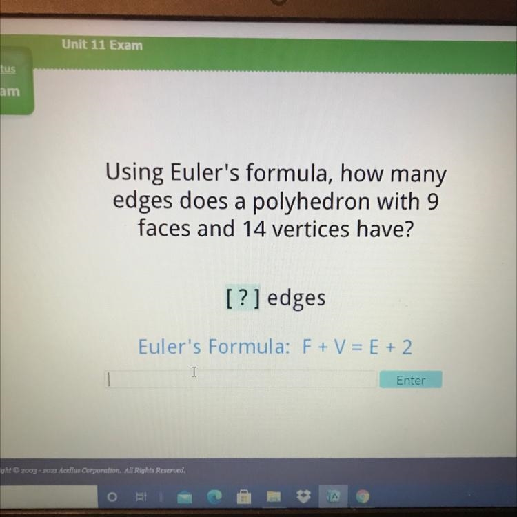 Using Euler’s formula, how many edges does a polyhedron with 9 faces and 14 vertices-example-1