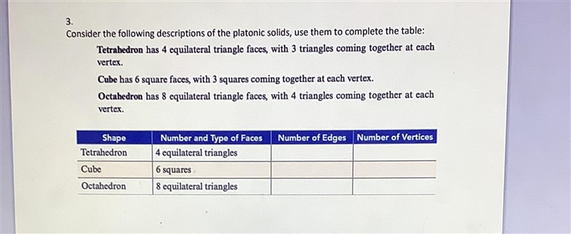 Consider the following descriptions of the platonic solids use them to complete the-example-1