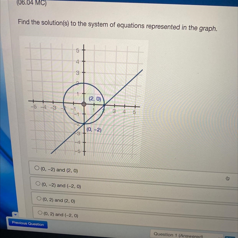 Find the solution(s) to the system of equations represented in the graph. (2,0) (0,-2)-example-1