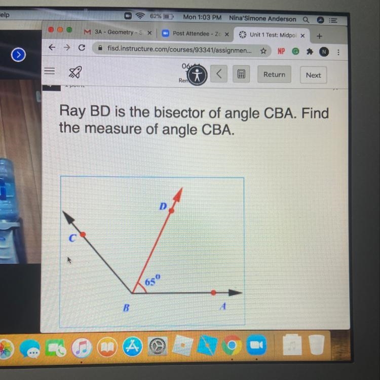 Ray BD is the bisector of angle CBA. Findthe measure of angle CBA.he***65°B-example-1