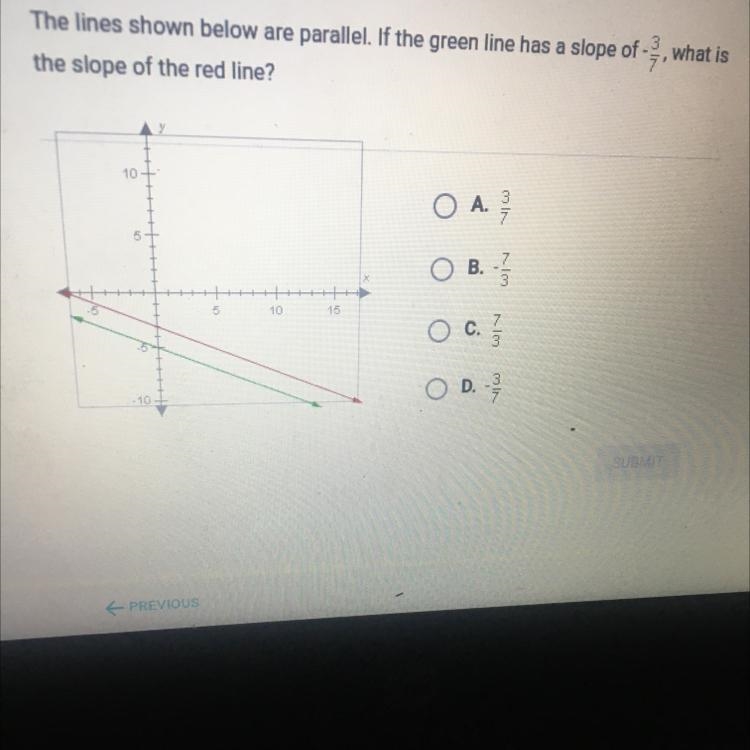 The lines shown below are parallel. If the green line has a slope of -, what isthe-example-1