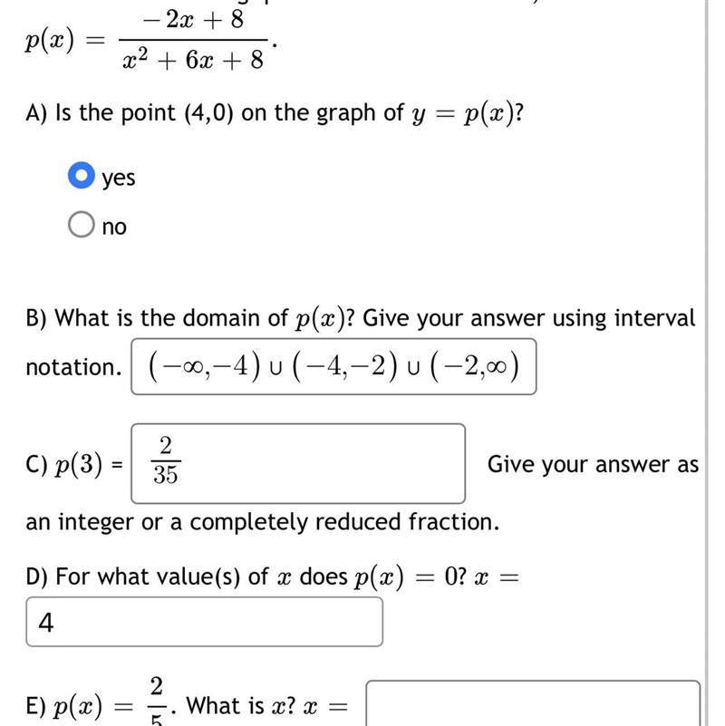 How do I solve for question E using the factoring method? p(x)=2/5-example-1