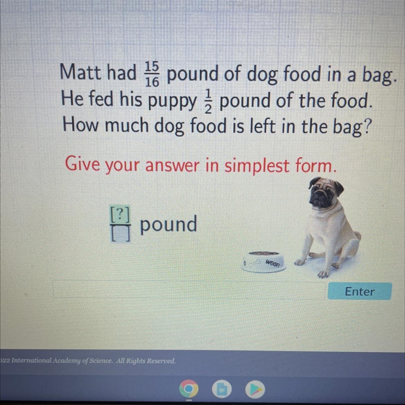 15 16 Matt had 1 pound of dog food in a bag. He fed his puppy pound of the food. How-example-1