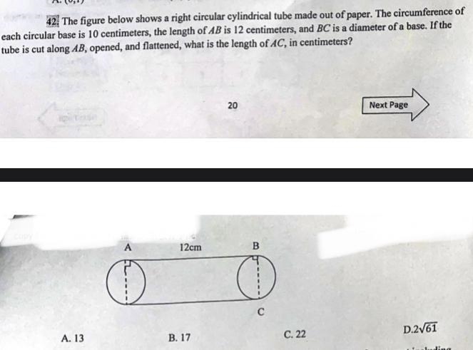 The figure below shows a right circular cylindrical tube made out of paper. The circumference-example-1