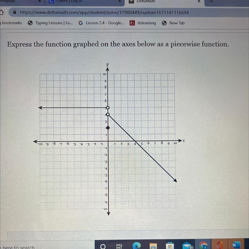 Express the function graphed on the axes below as a piecewise function. Plis help-example-1