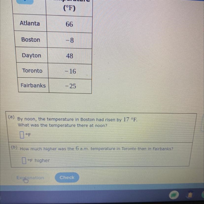 The table gives the temperature in degrees Fahrenheit in five cities at 6 AM on the-example-1