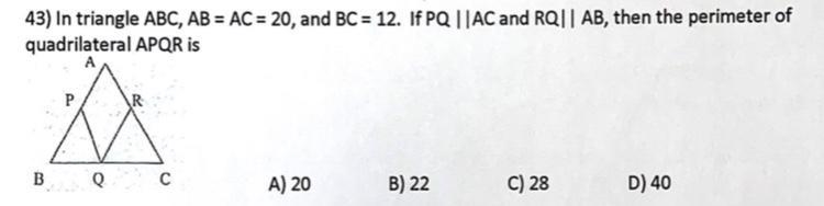 In triangle ABC, AB = AC = 20 and BC = 12 If PQ ||AC and RQ||AB, then the perimeter-example-1