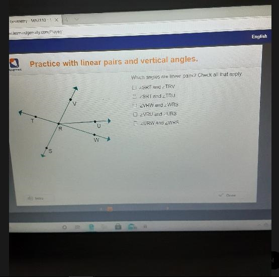 Which angles are linear pairs? Check all that apply.SRT and TRVSRT and TRUVRW and-example-1