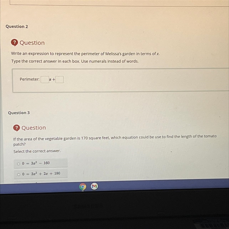 Question 2 write an expression to represent the perimeter of Melissa‘s garden in the-example-1