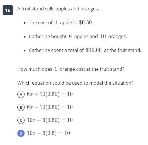 A fruit stand sells apples and oranges. The cost of 1 apple is $0.50. Catherine bought-example-1