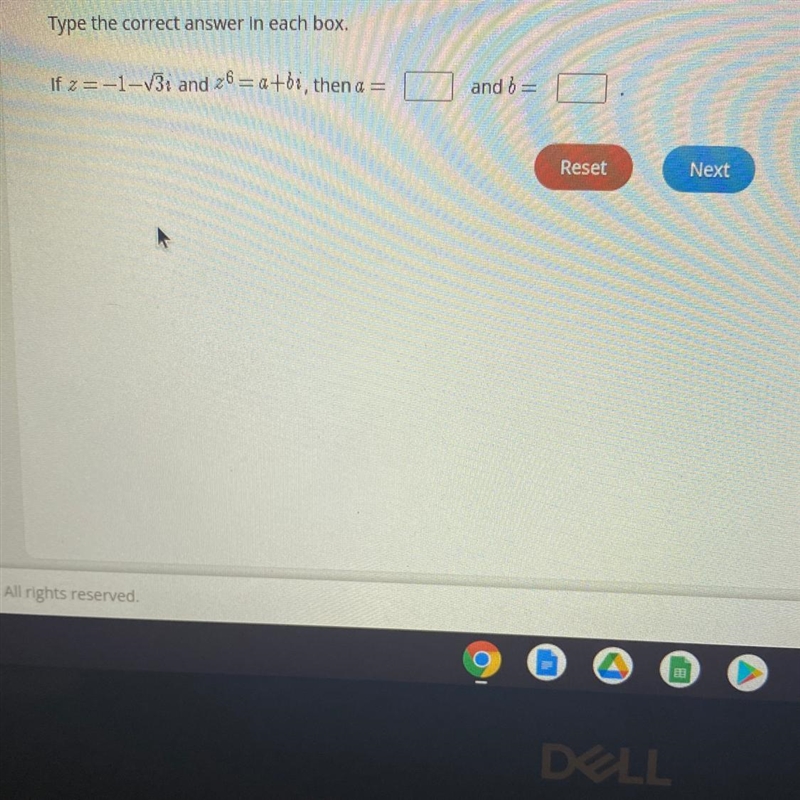 If z=-1-v3i and 26 = a +bi, then a = and =-example-1