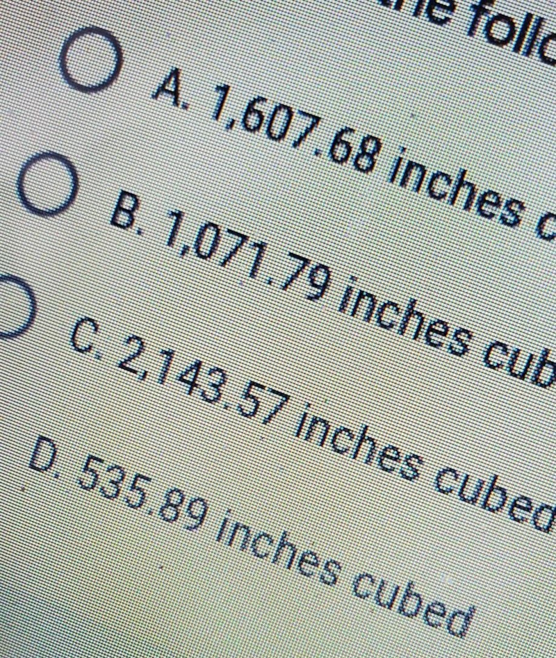 ⁰which of the following is the volume of a hemisphere with a radius of 8 inches?-example-1