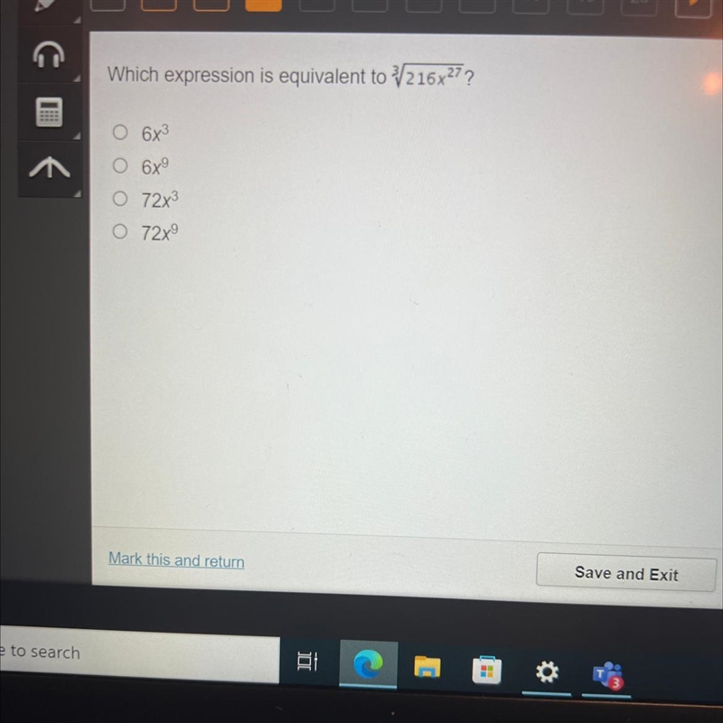 Which expression is equivalent to √216x²7? O 6x³ O 6x⁹ O 72x³ O 72x⁹-example-1