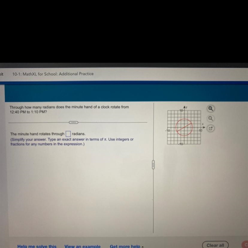 Through how many radians does the minute hand of a clock rotate from12:40 PM to 1:10 PM-example-1