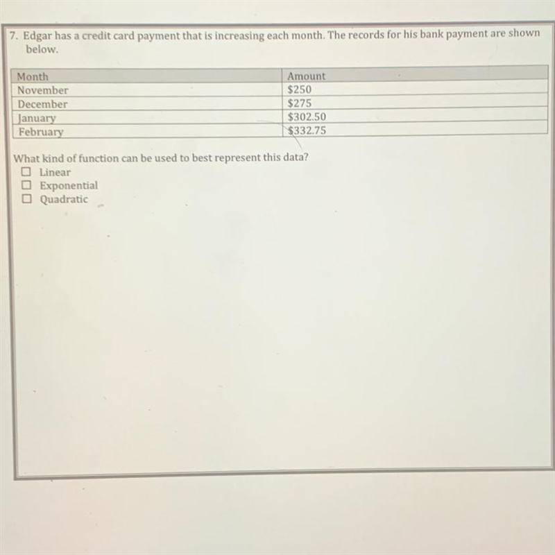 Edgar has a credit card payment that is increasing each month. The records for his-example-1