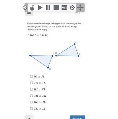 Determine the corresponding parts of the triangle that are congruent based on the-example-1