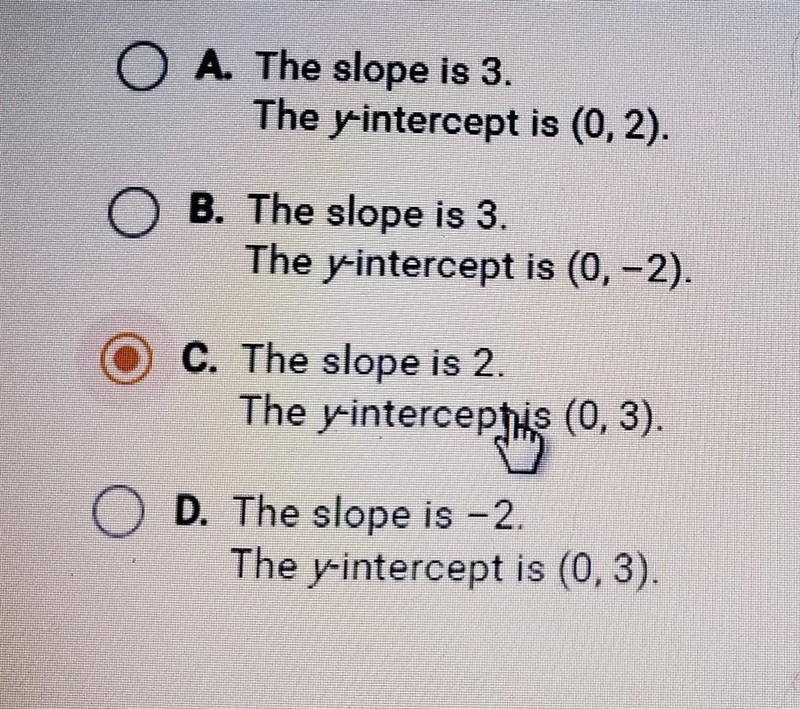 Identify the slope and y-intercept of the function y = -2x + 3. O A. The slope is-example-1