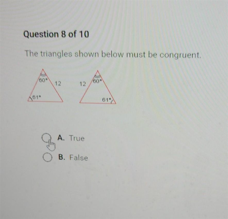 The triangles shown below must be congruent . true or false how do I solve this ​-example-1