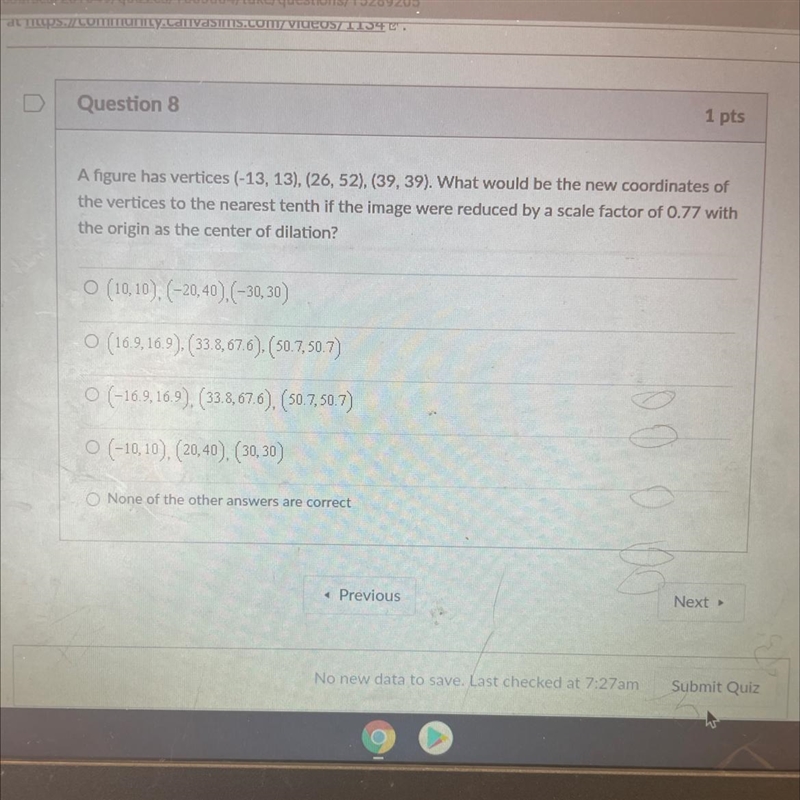 a figure has vertices (-13,13), (26,52), (39,39) what would the new coordinates of-example-1