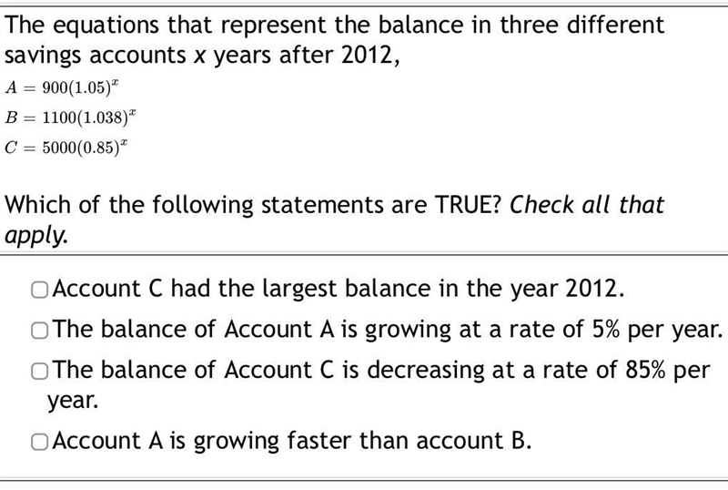 The equations that represent the balance in three different savings accounts x years-example-1