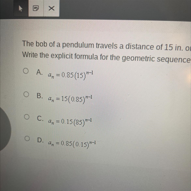 The bob of a pendulum travels a distance of 15 in. on the first swing after it is-example-1