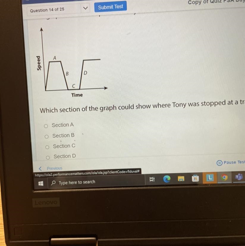 Which section of the graph could show where Tony was stopped at a traffic lights A-example-1