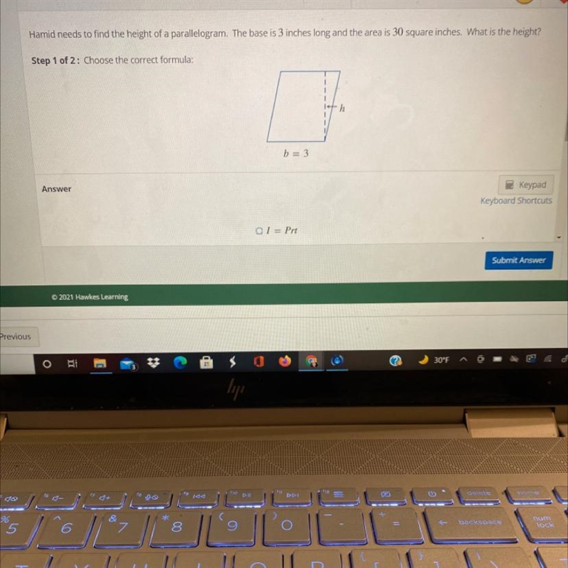 Hamid needs to find the height of a parallelogram. The base is 3 inches long and the-example-1