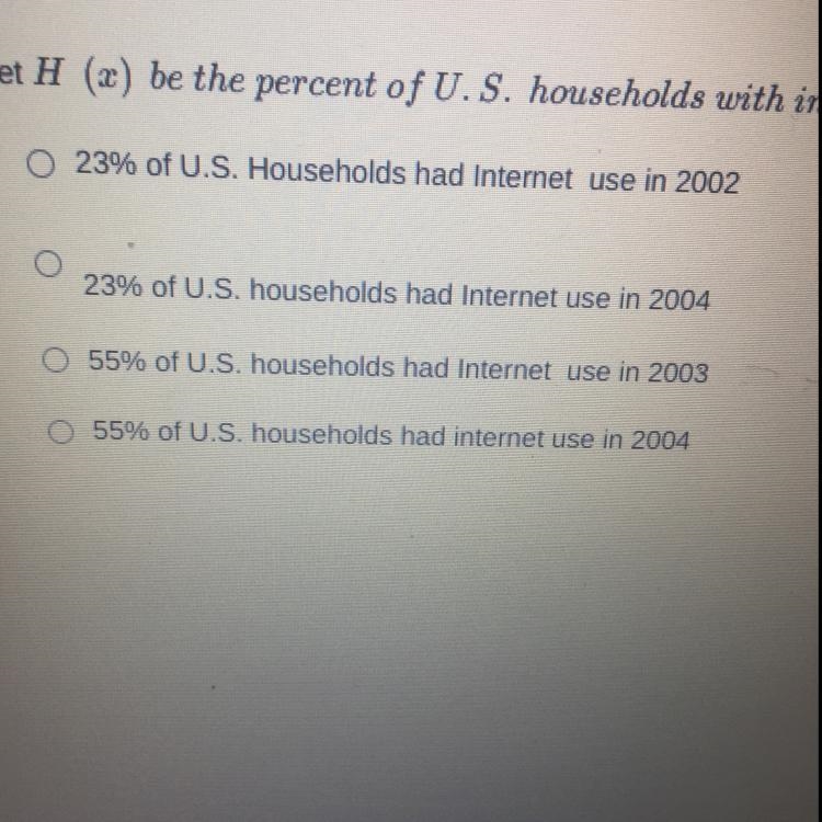 Let H (x) be the percent of U.S. households with internet use x years after 1980. Explain-example-1