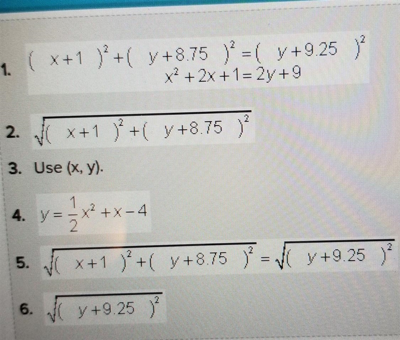 Match the steps to find the equation of the parabola with focus (-1,-8.75) and directrix-example-1