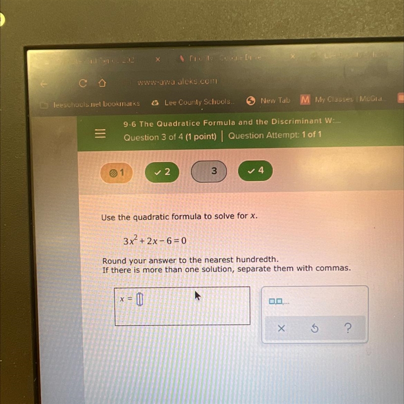 Use the quadratic formula to solve for x. 3x2 + 2x - 6 = 0-example-1