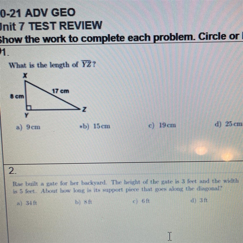 What is the length of YZ?X17 cm8 cmZYa) 9 cm•b) 15cmc) 19cmd) 25 cmHelp-example-1