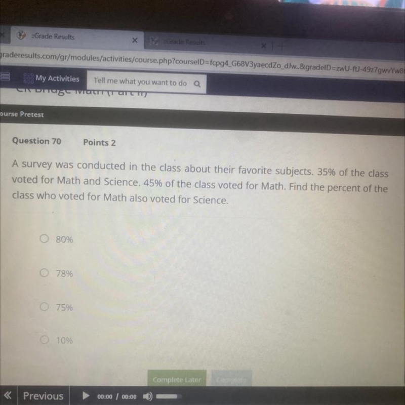 Find the percent of the class of The class of water for math also voted for science-example-1