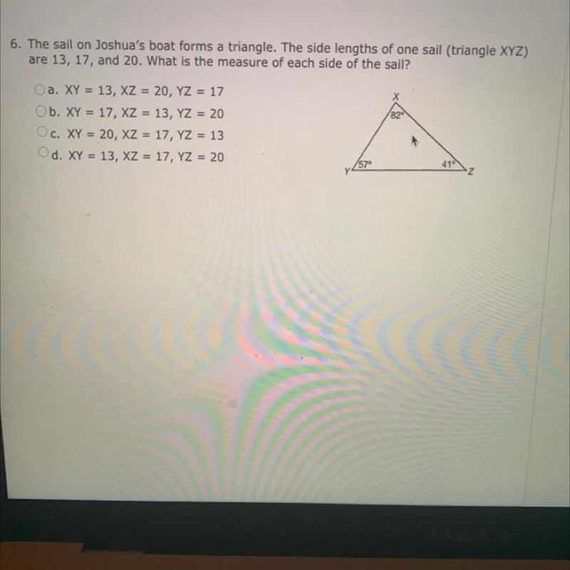 6. The sail on Joshua's boat forms a triangle. The side lengths of one sail (triangle-example-1