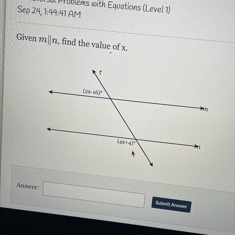 Given mn, find the value of x. (2x-16)° (4x+4)°-example-1