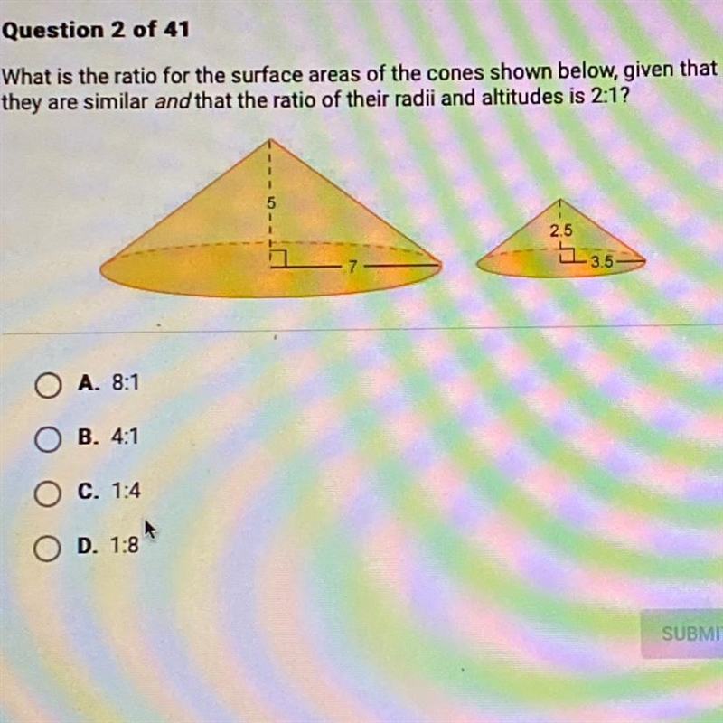 What is the ratio for the surface areas of the cones shown below, given thatthey are-example-1