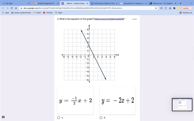 A. Y= -1/2x + 2B. Y= -2x + 2C. Y= - 2x - 2D. Y= -1/2x - 2-example-1