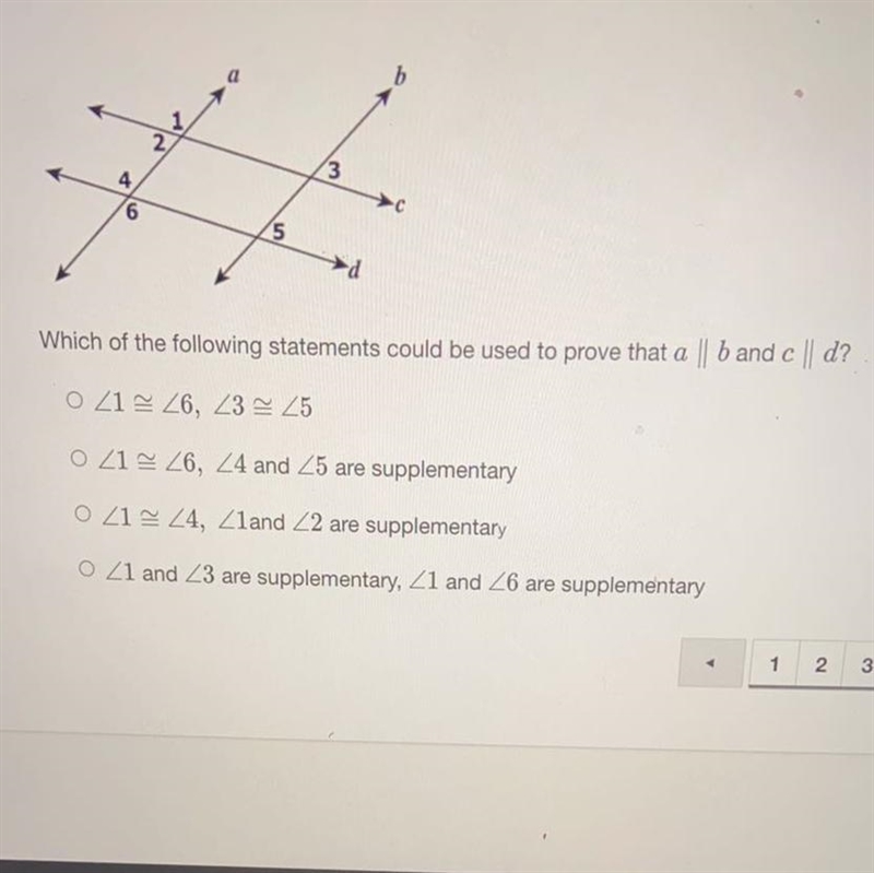 Which of the following statements could be used to prove that a || b and c || d?O-example-1