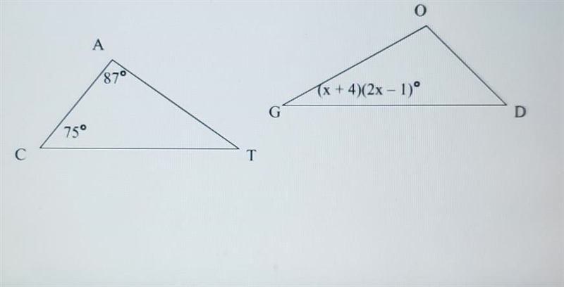 Given triangle CAT is congruent to triangle DOG. Solve for x-example-1