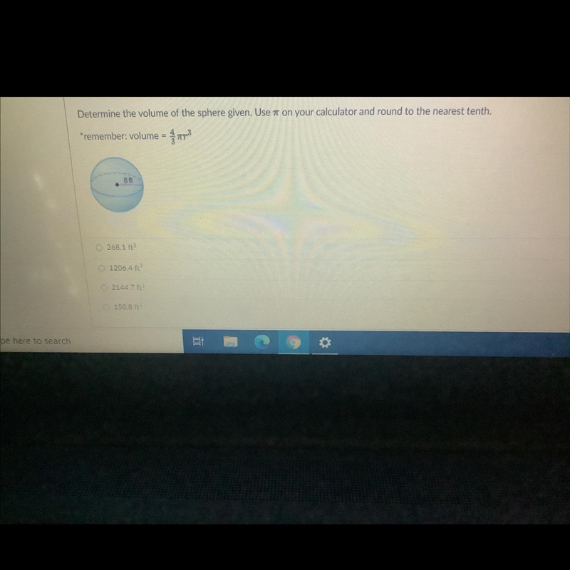 Determine the volume of the sphere given. Use pi on your calculator.-example-1