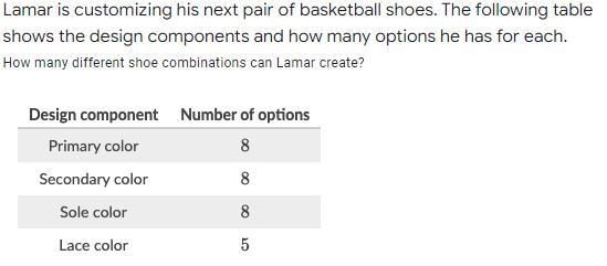 Lamar is customizing his next pair of basketball shoes. The following table shows-example-1