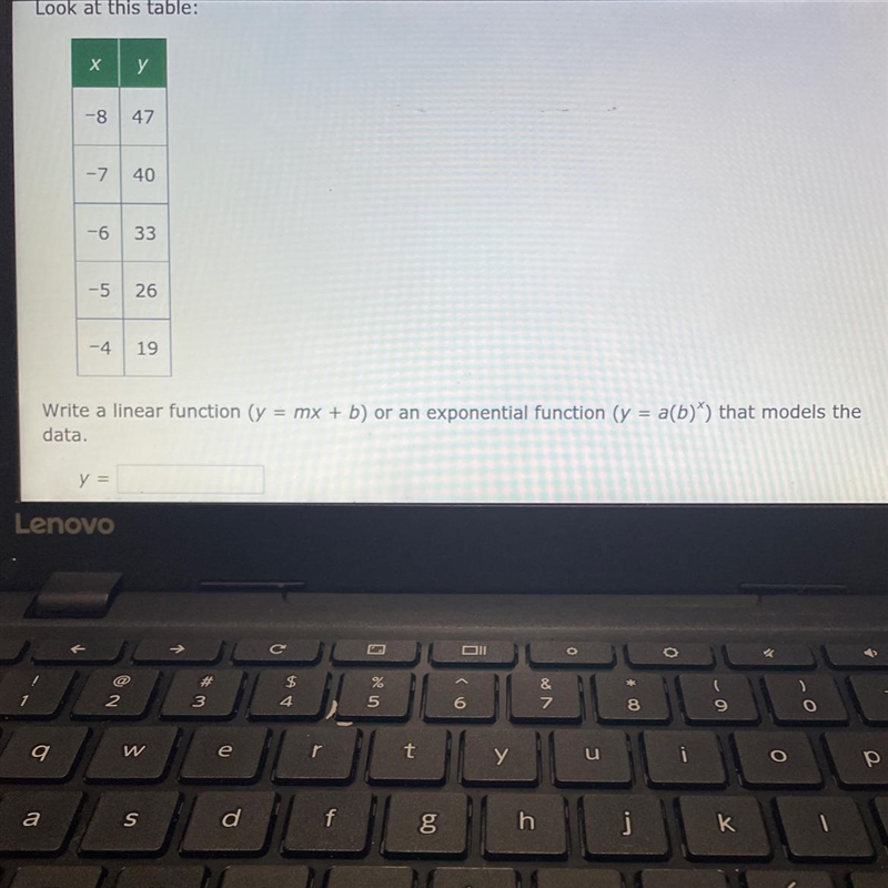 Write a linear function (y=Mx+b) or exponential function that models the data-example-1