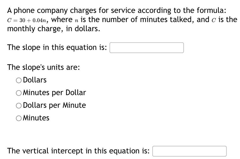 A phone company charges for service according to the formula:C=30+0.04n, where n is-example-1