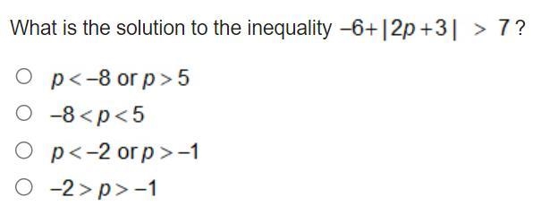 What is the solution to the inequality -6+l2p+3l>7?-example-1