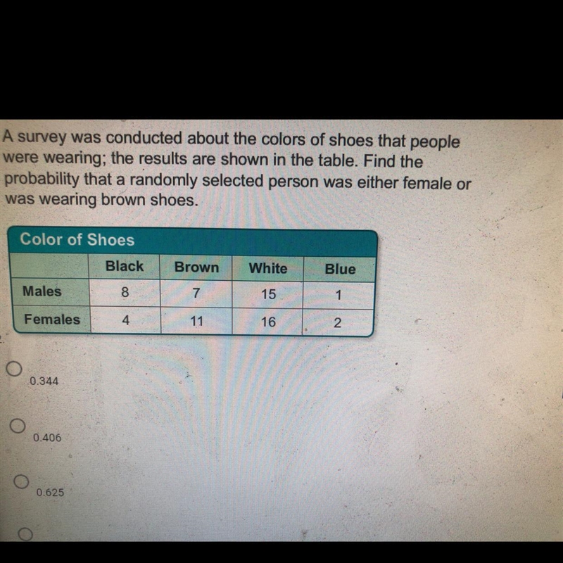 A survey conducted about the colors of shoes that people were wearingg-example-1