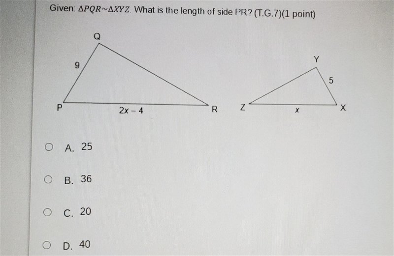 Given: APQR VAXYZ. What is the length of side PR? (T.G.7)(1 point) Y 9 5 Х N P 2x-example-1