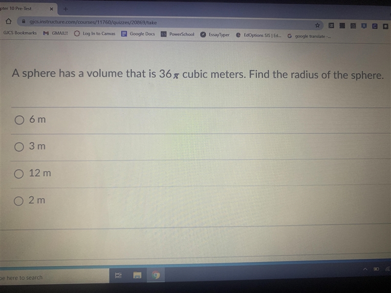 A sphere has a volume that is 36x cubic meters. Find the radius of the sphere.6m3 m-example-1