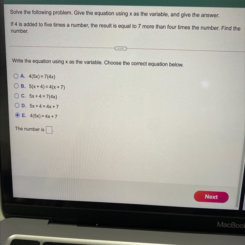 Solve the following problem. Give the equation using x as the variable, and give the-example-1