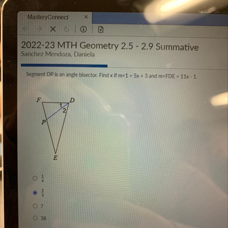 Segment DP is an angle bisector. Find x if m<1 = 5x + 3 and m-example-1